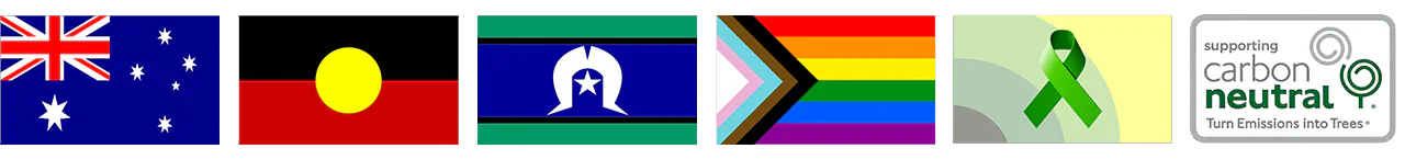 Australian, Aboriginal and Torres Strait Islander flags, Progress Pride flag, mental health green ribbon and carbon neutral certification